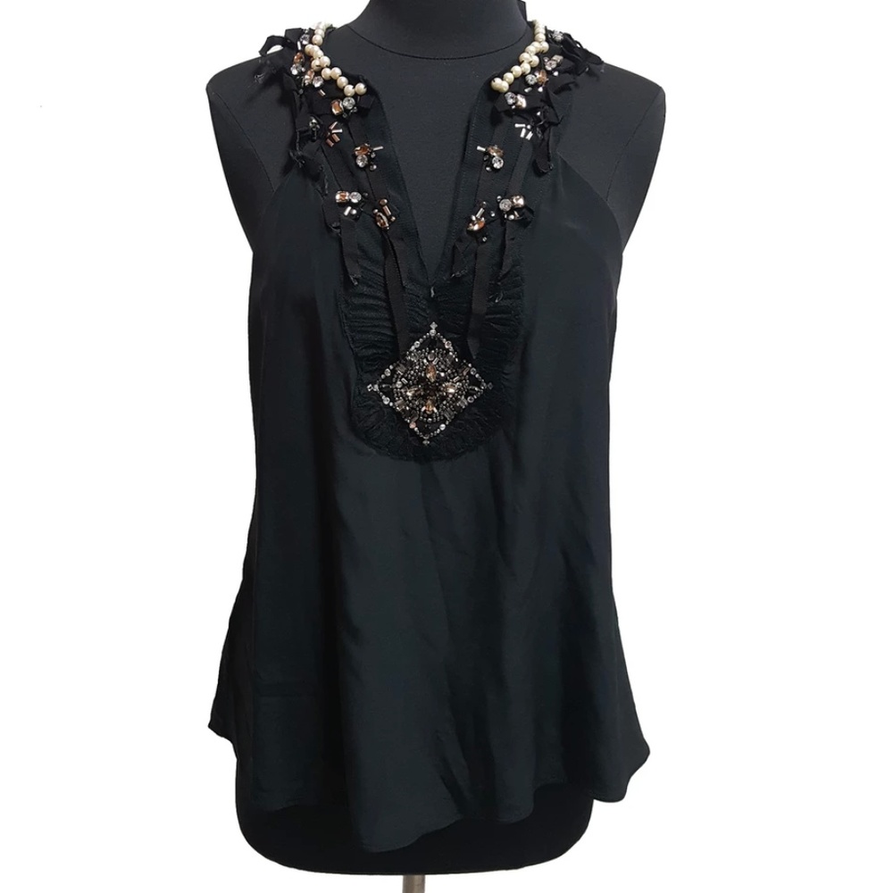 BCBGMaxAzria Pearl & Rhinestone Black Silk Top